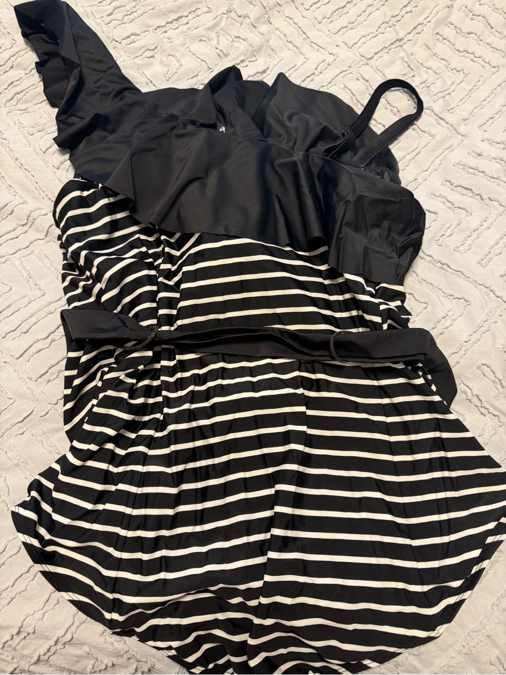 Retro Chic Black & White Striped One-Piece with Waist Tie - Picture 2 of 4